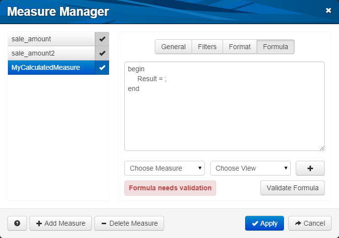 Formula tab of the measure manager